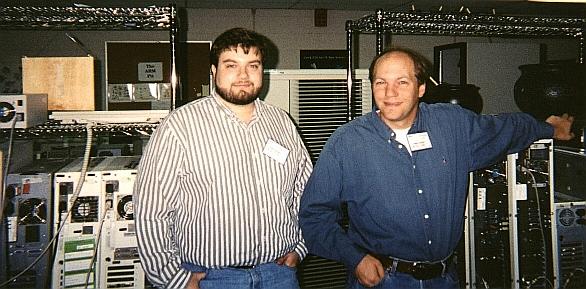 Erik Hendriks (left) and Donald Becker standing 'inside' the Stone SouperComputer.